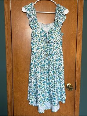 No Boundaries White Floral Midi Dress with Blue & Green Print